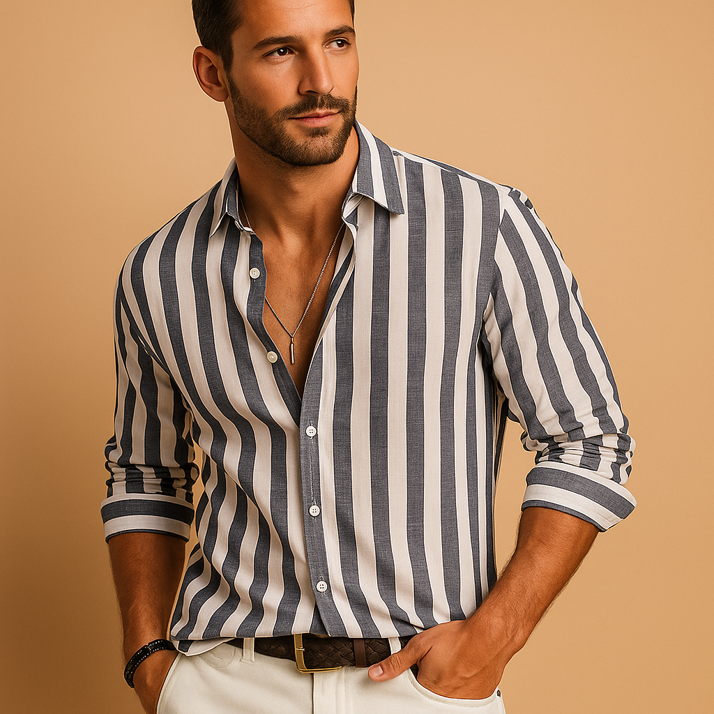 Men’s striped long sleeve shirt in blue and white with a modern tailored fit, perfect for business or casual wear.