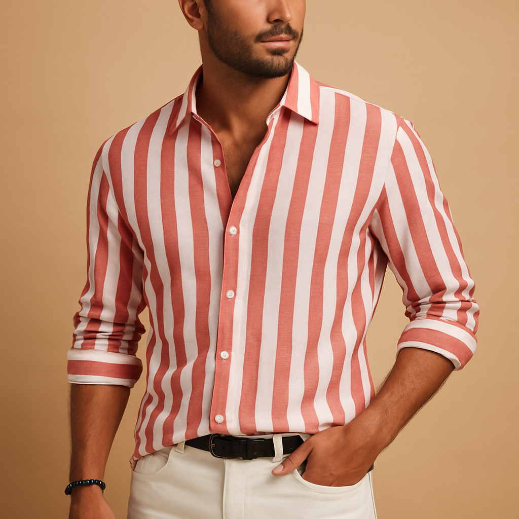 Men’s striped long sleeve shirt in blue and white with a modern tailored fit, perfect for business or casual wear.