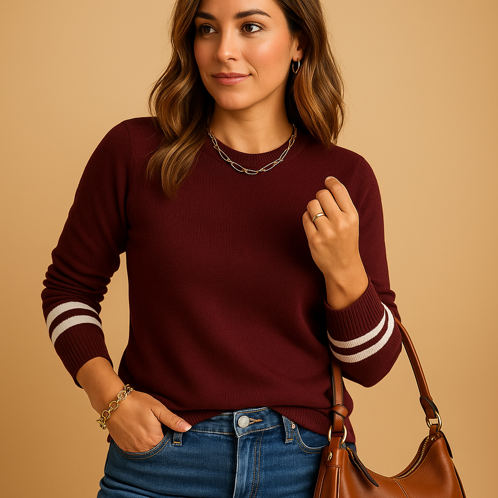 Women’s elegant knitted sweater with bold striped sleeves, relaxed flattering fit, and breathable knit fabric for versatile transitional season wear.