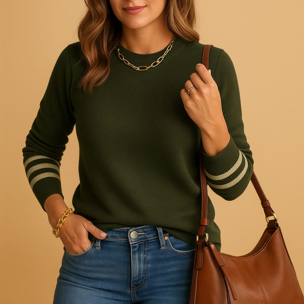 Women’s elegant knitted sweater with bold striped sleeves, relaxed flattering fit, and breathable knit fabric for versatile transitional season wear.