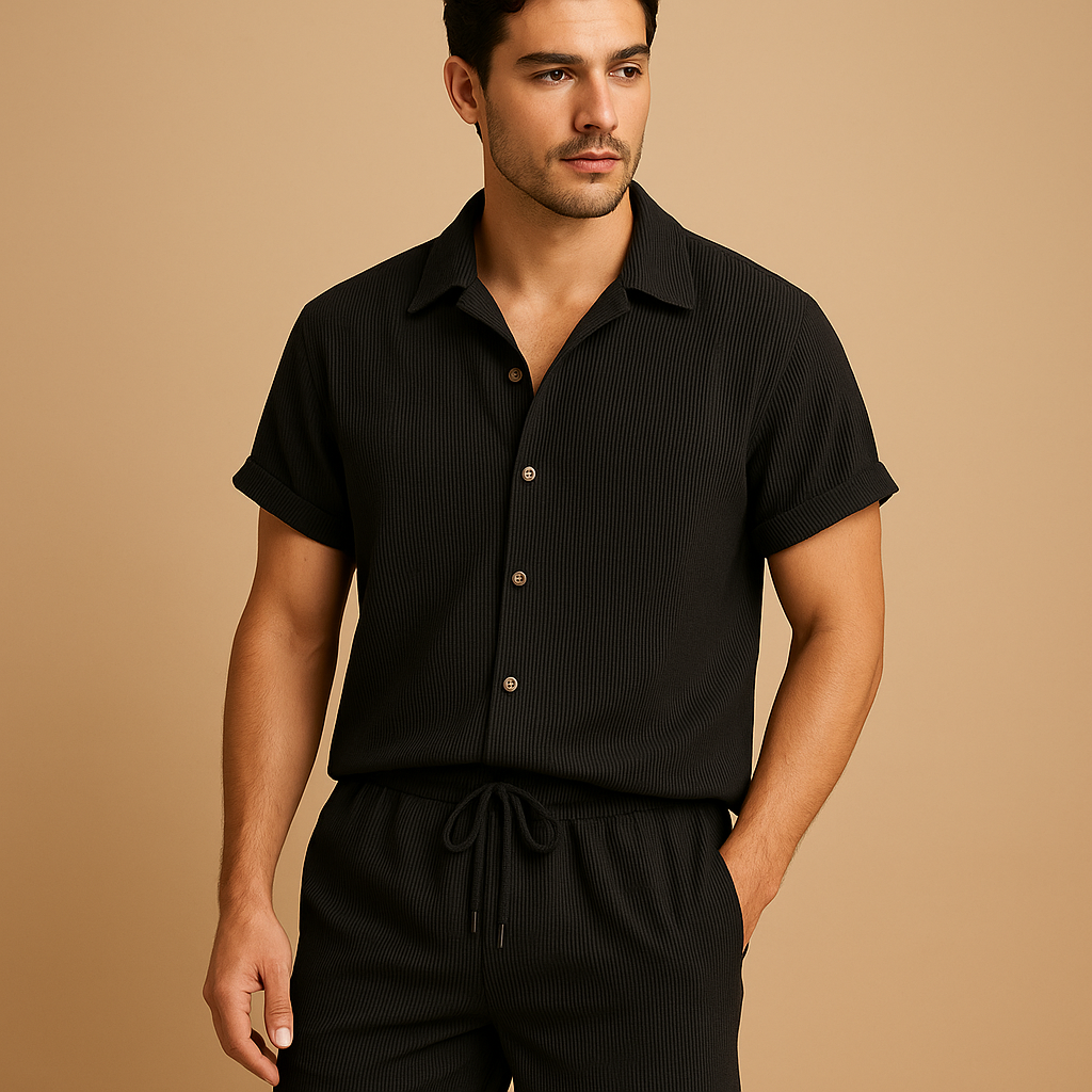 Men’s striped summer set with short-sleeve shirt and shorts, perfect for casual outings, beach days, and summer adventures.