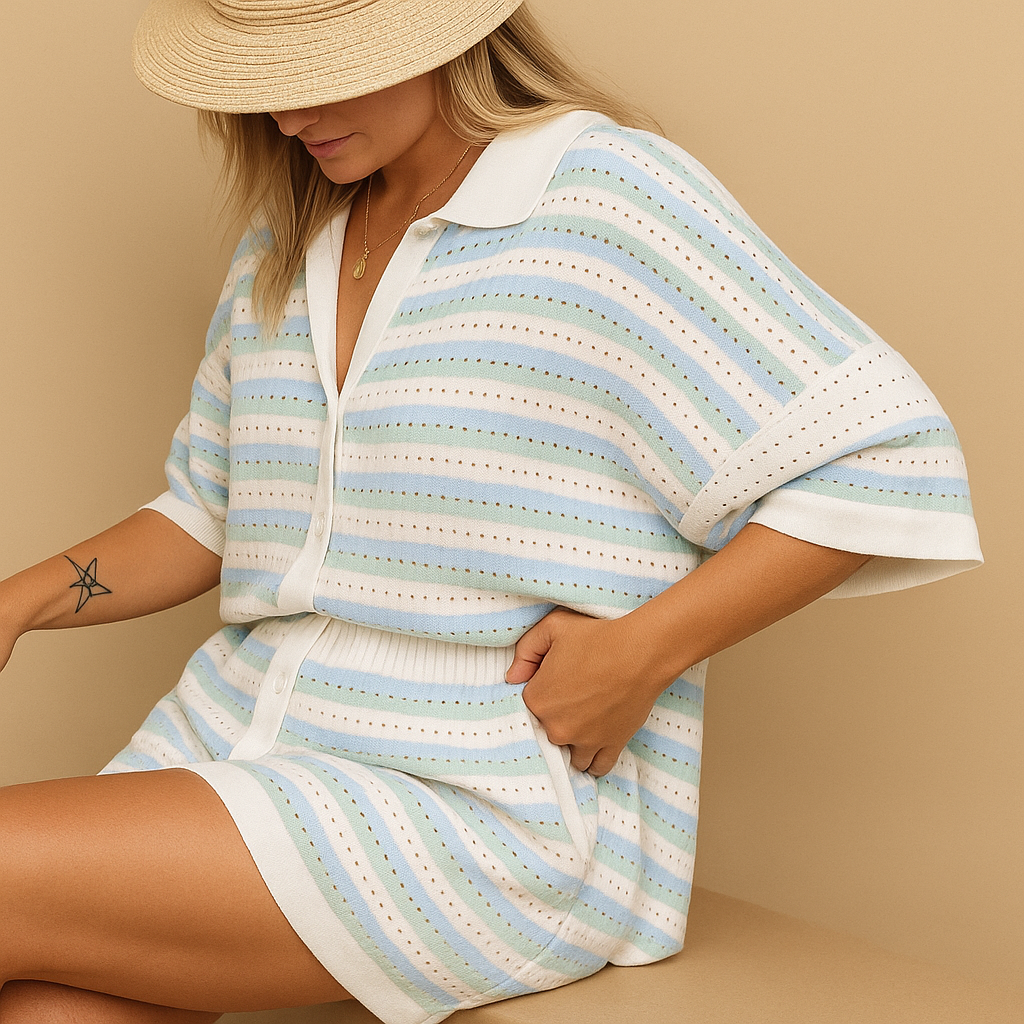 Women’s striped blouse and high-waist short set with elastic waistband, perfect for casual summer days, vacations, and chic warm-weather looks.