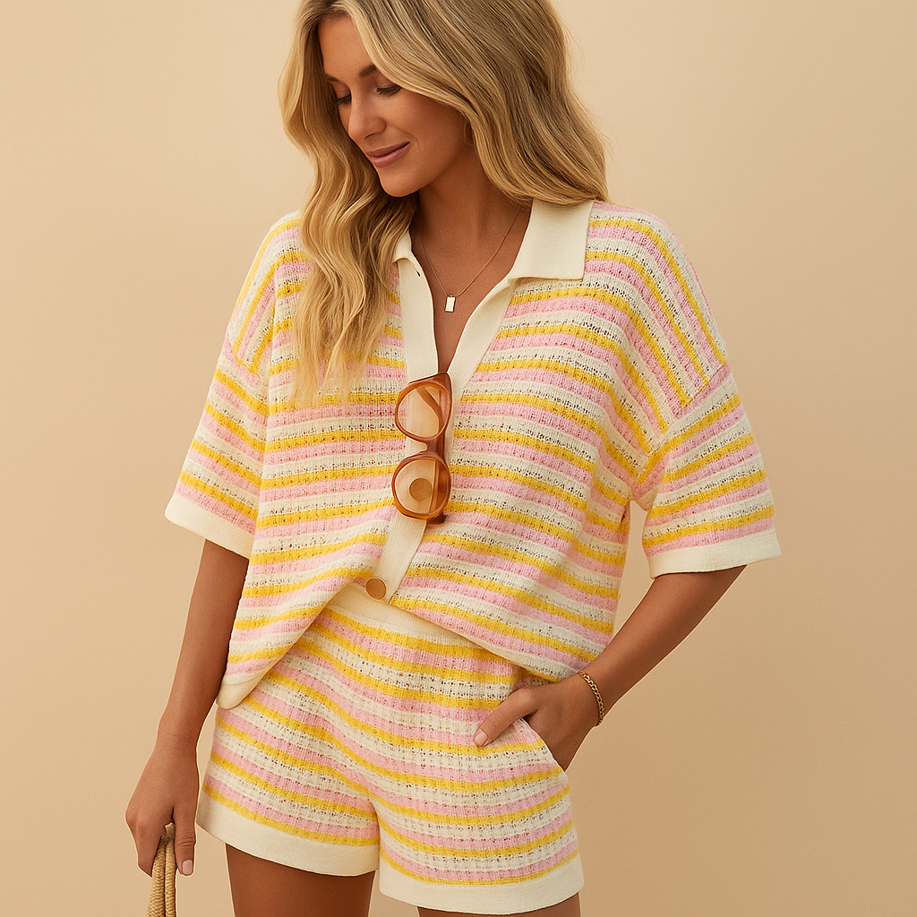 Women’s striped blouse and high-waist short set with elastic waistband, perfect for casual summer days, vacations, and chic warm-weather looks.