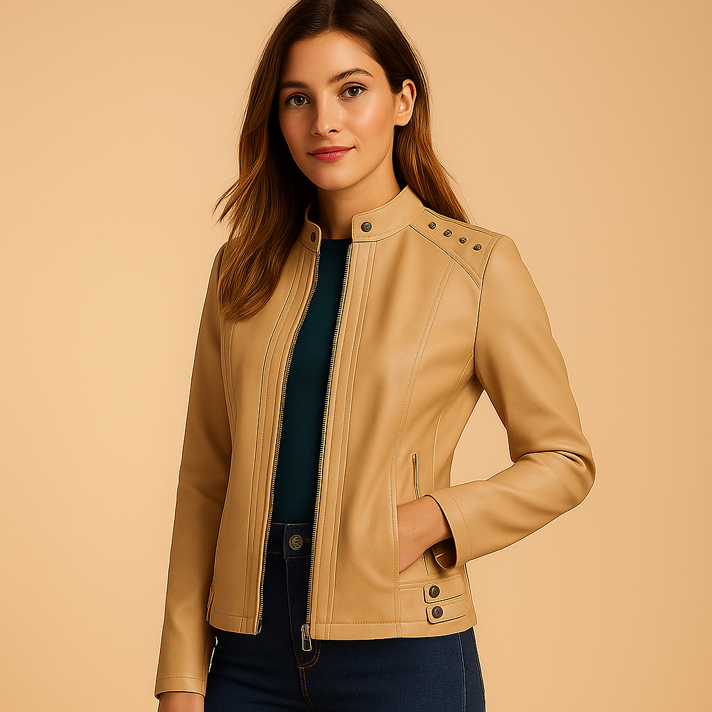 Women’s structured biker jacket with tailored fit, metallic accents and standing collar, perfect for daily wear and city outfits.