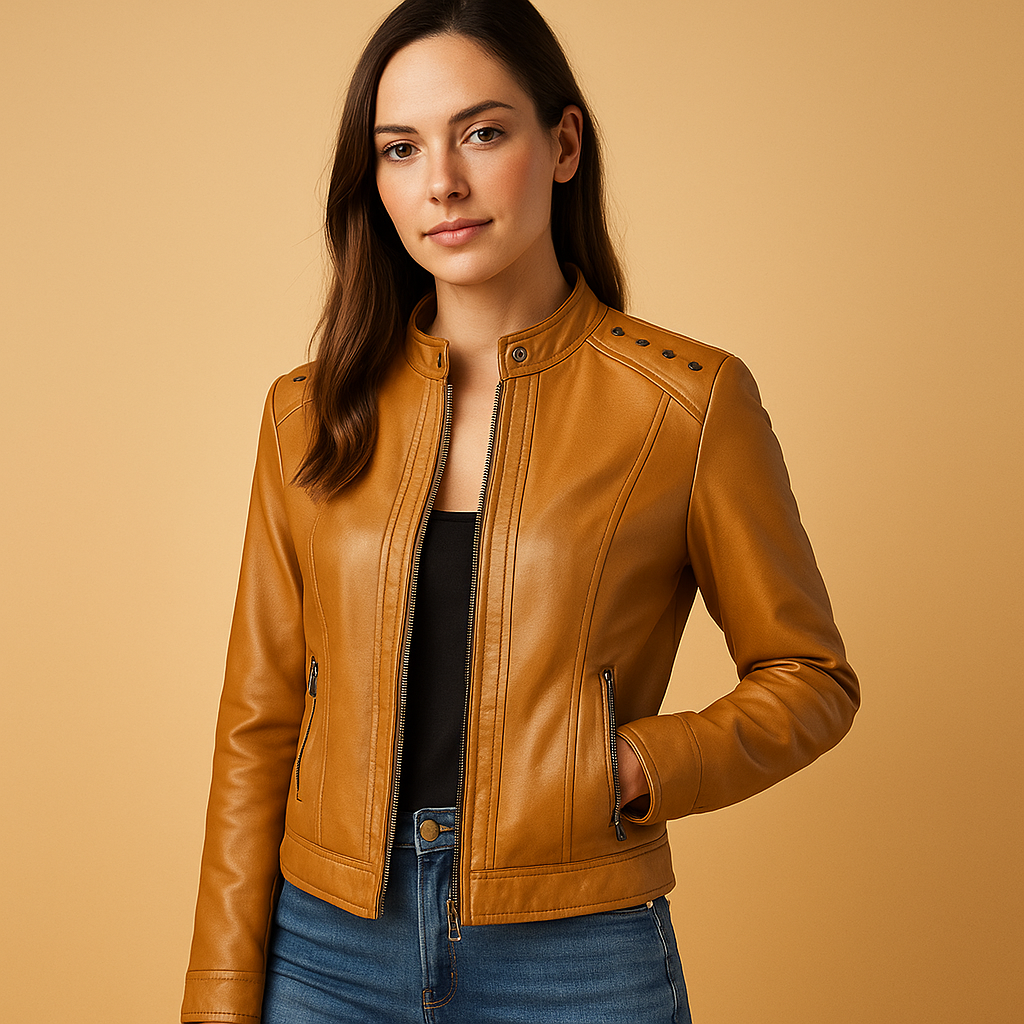 Women’s structured biker jacket with tailored fit, metallic accents and standing collar, perfect for daily wear and city outfits.