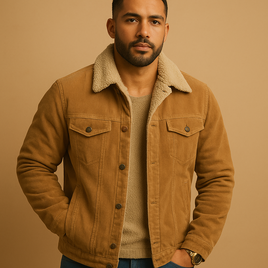 Men’s corduroy jacket in khaki, featuring a modern fit and timeless design—ideal for casual and formal occasions.