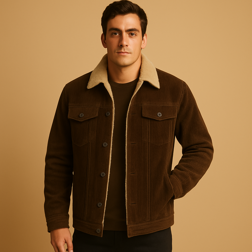 Men’s corduroy jacket in khaki, featuring a modern fit and timeless design, ideal for casual and formal occasions.