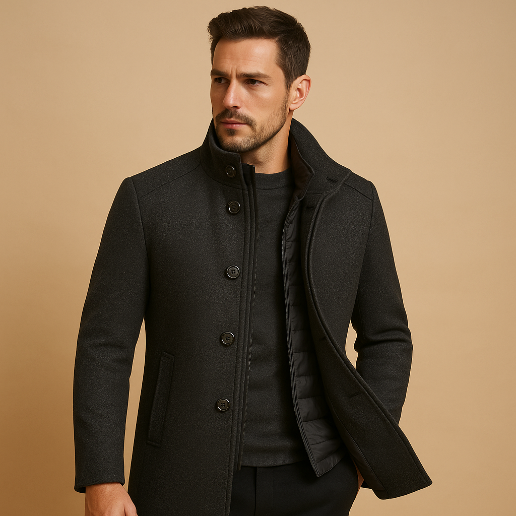 Men’s stylish wool coat with slim single-breasted fit and mandarin collar, perfect for formal occasions and everyday winter wear.