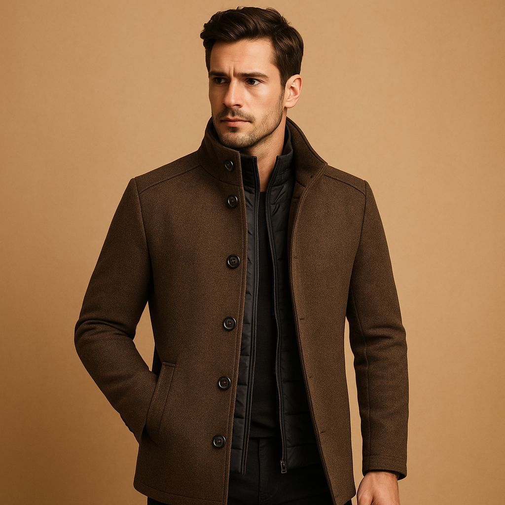 Men’s stylish wool coat with slim single-breasted fit and mandarin collar, perfect for formal occasions and everyday winter wear.
