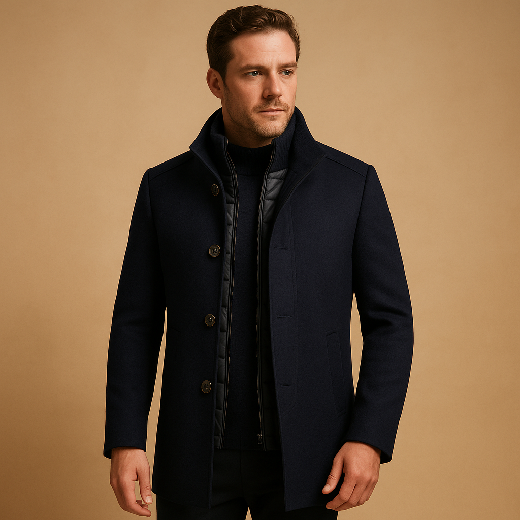 Men’s stylish wool coat with slim single-breasted fit and mandarin collar, perfect for formal occasions and everyday winter wear.