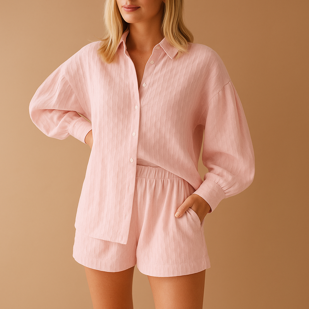 Light two-piece summer set for women with blouse and shorts, featuring breathable fabric and relaxed fit for beach days or casual outings.