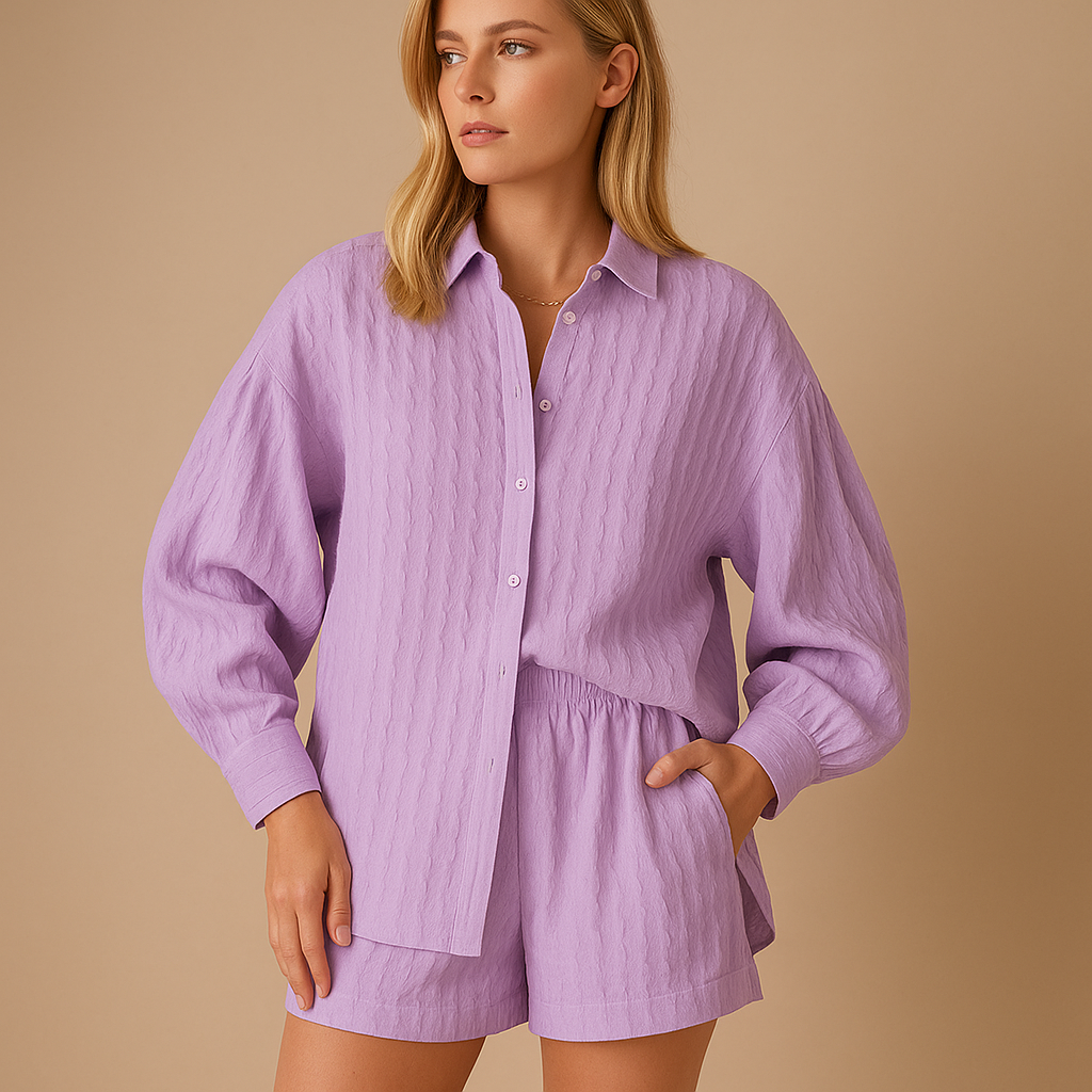Light two-piece summer set for women with blouse and shorts, featuring breathable fabric and relaxed fit for beach days or casual outings.