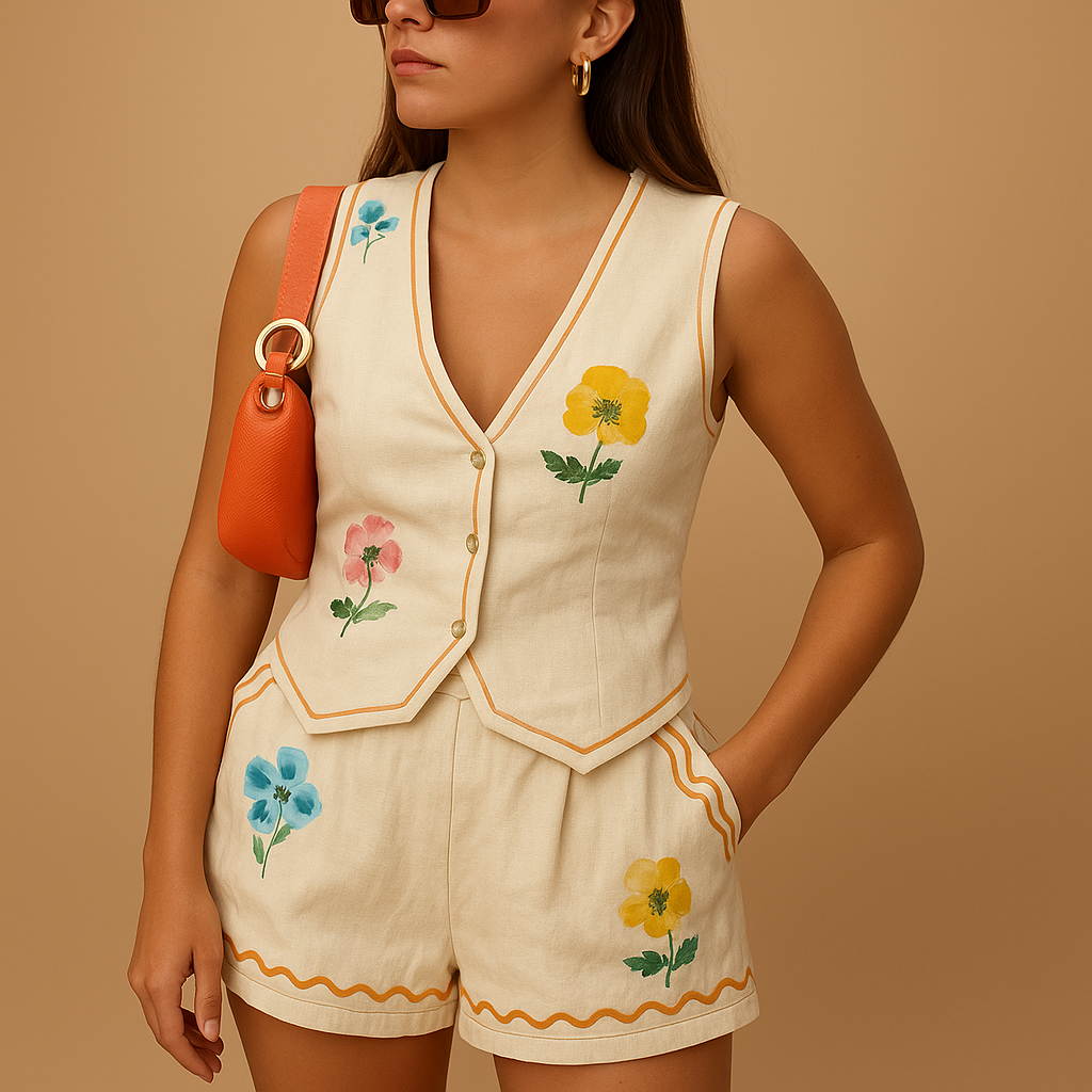 Two-piece summer loungewear set for women with collared shirt and printed shorts, perfect for holidays, home relaxation, or casual outings.