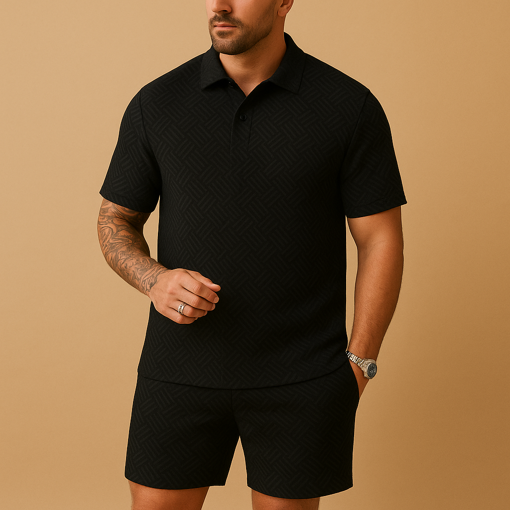 Men’s two-piece summer polo set with matching shorts, perfect for beach days, vacations, and casual summer looks.
