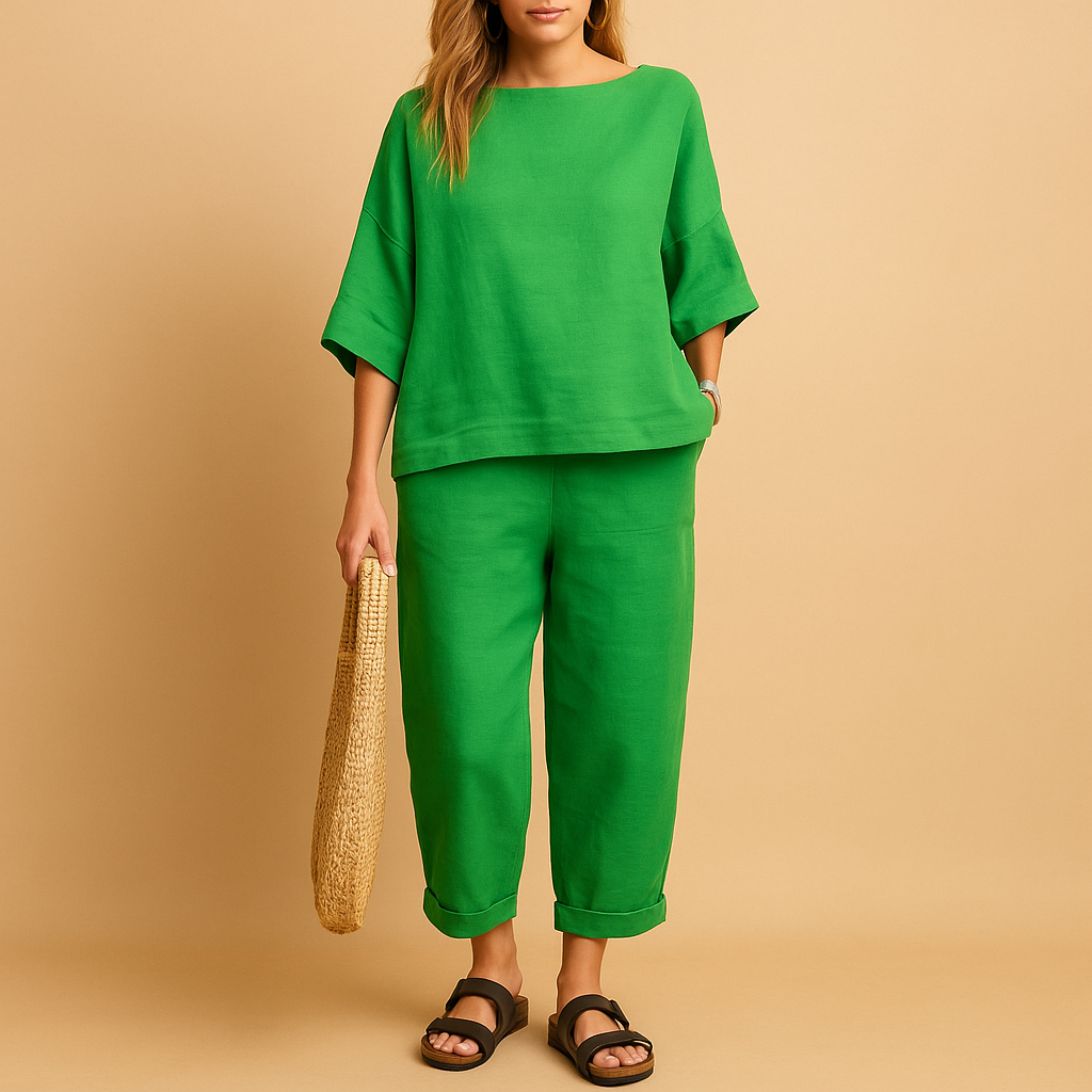 Two-piece summer set for women with loose shirt and ankle-length pants, ideal for warm days, lounging, or casual outings.
