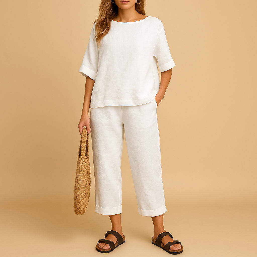 Two-piece summer set for women with loose shirt and ankle-length pants, ideal for warm days, lounging, or casual outings.