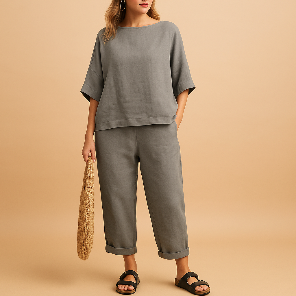 Two-piece summer set for women with loose shirt and ankle-length pants, ideal for warm days, lounging, or casual outings.