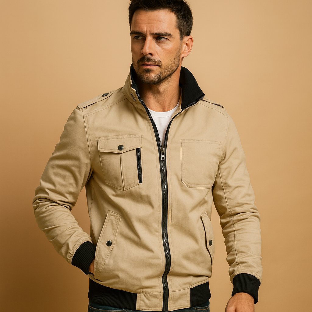 Men’s tactical bomber jacket with high collar, ribbed cuffs, and multiple pockets, ideal for outdoor use and everyday wear.