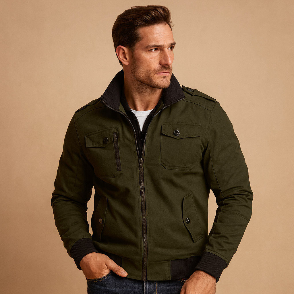 Men’s tactical bomber jacket with high collar, ribbed cuffs, and multiple pockets, ideal for outdoor use and everyday wear.