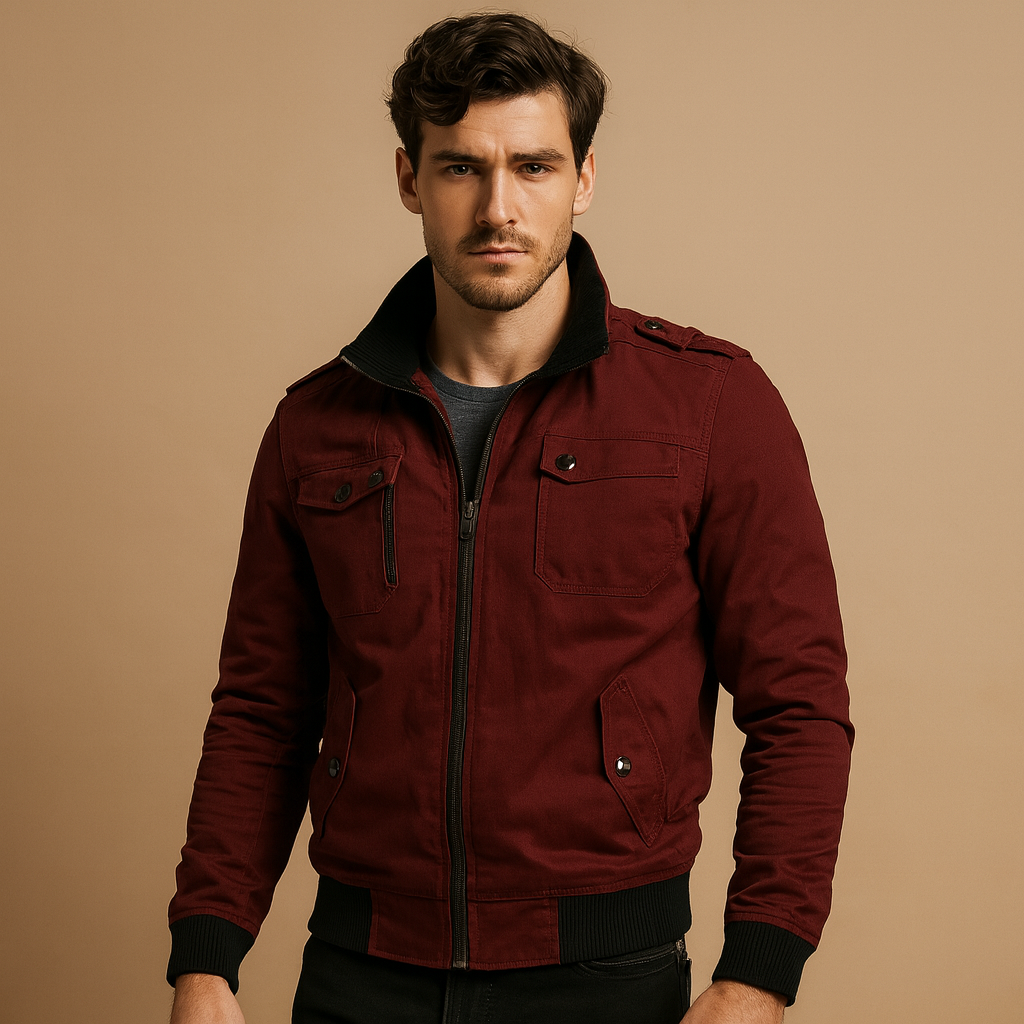 Men’s tactical bomber jacket with high collar, ribbed cuffs, and multiple pockets, ideal for outdoor use and everyday wear.