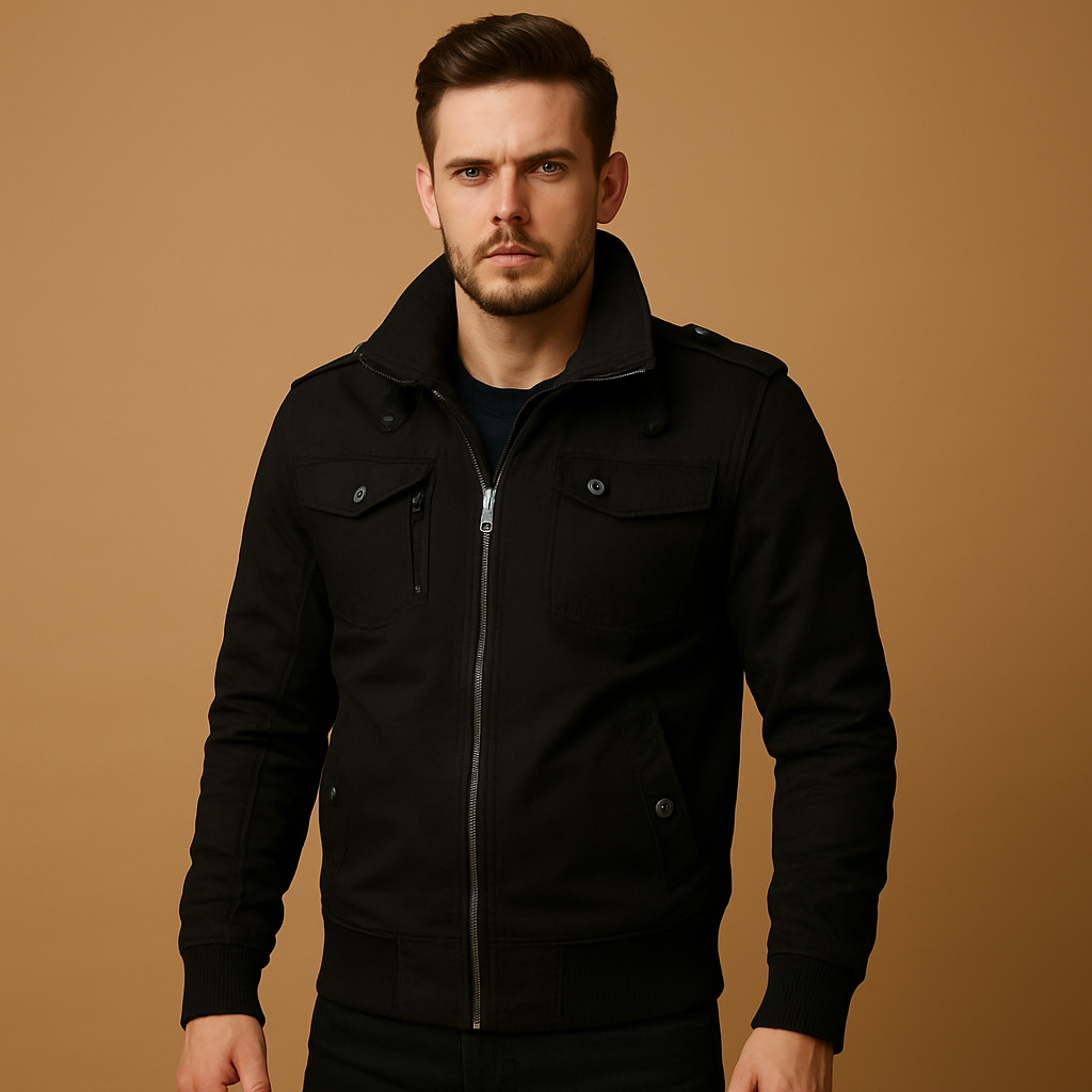 Men’s tactical bomber jacket with high collar, ribbed cuffs, and multiple pockets, ideal for outdoor use and everyday wear.