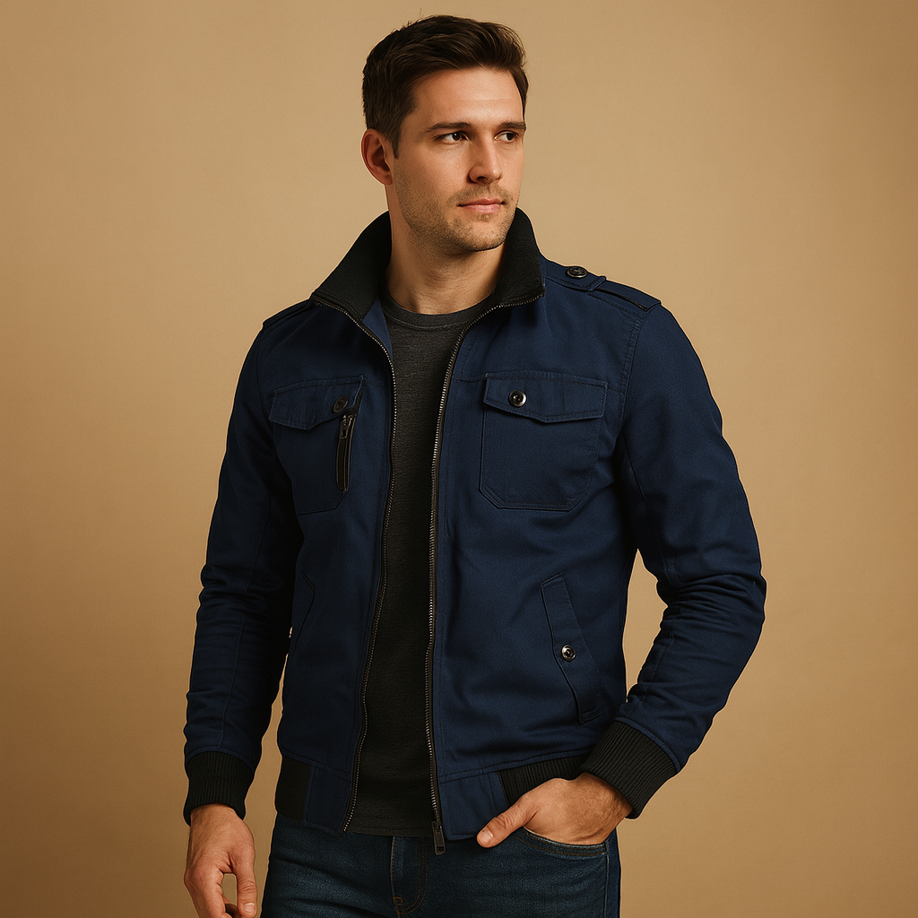 Men’s tactical bomber jacket with high collar, ribbed cuffs, and multiple pockets, ideal for outdoor use and everyday wear.