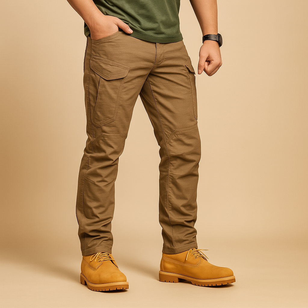 Men wearing Carter tactical cargo pants with multiple military-style pockets, lightweight and flexible design ideal for outdoor and travel wear.