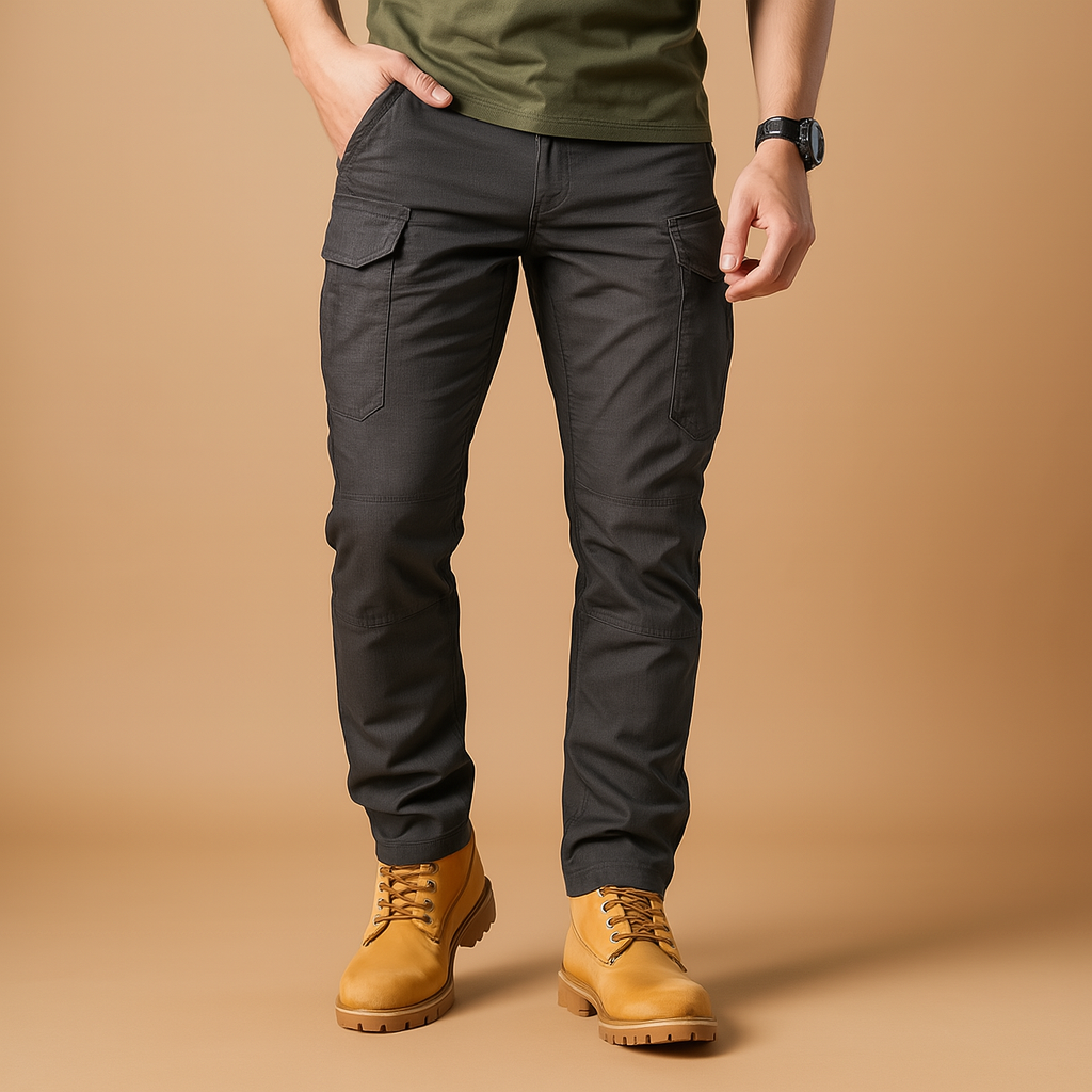 Men wearing Carter tactical cargo pants with multiple military-style pockets, lightweight and flexible design ideal for outdoor and travel wear.