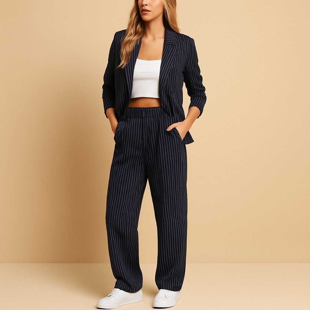 Women’s tailored blazer and pant set in blue or grey, perfect for formal events, office wear, and elegant casual styling.