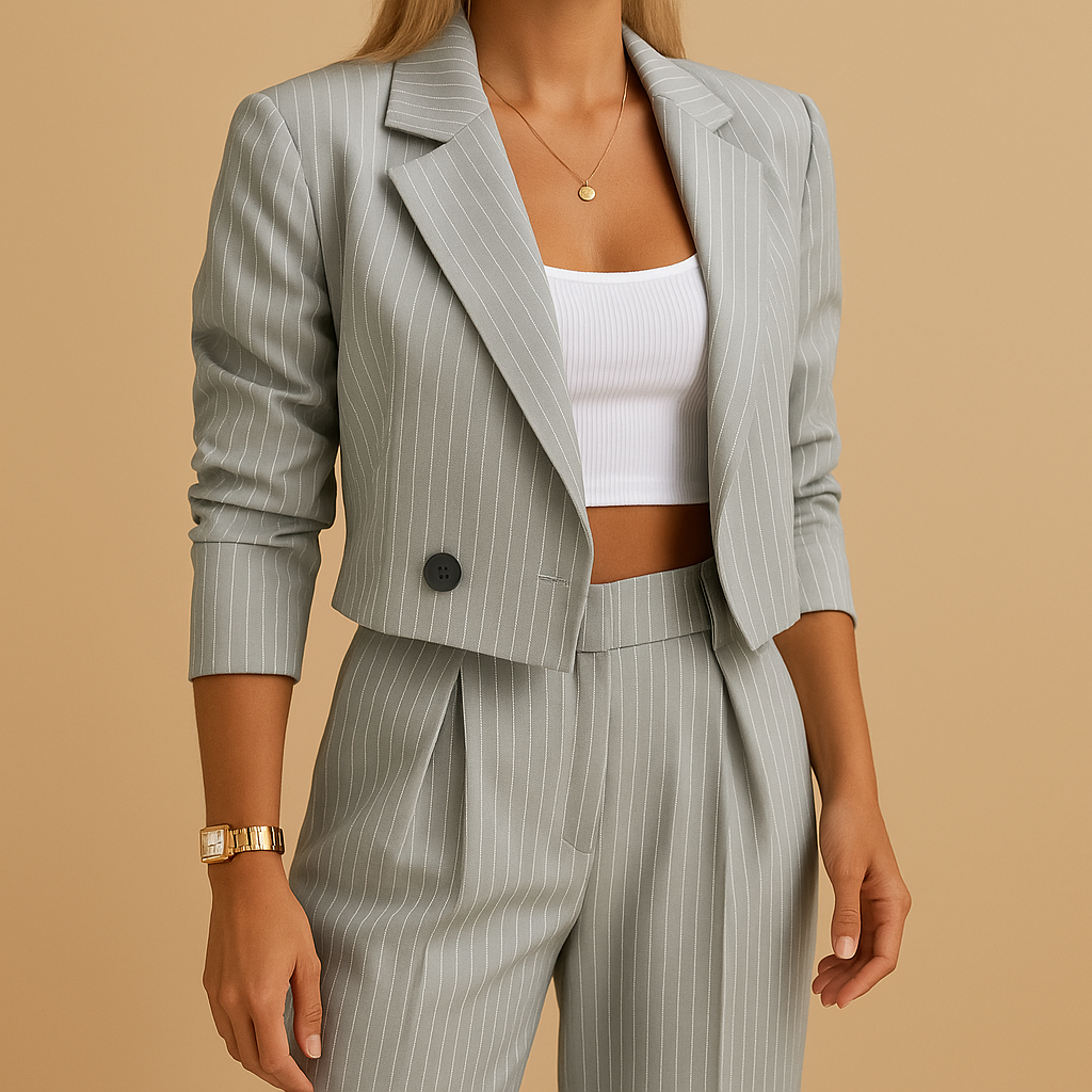 Women’s tailored blazer and pant set in blue or grey, perfect for formal events, office wear, and elegant casual styling.