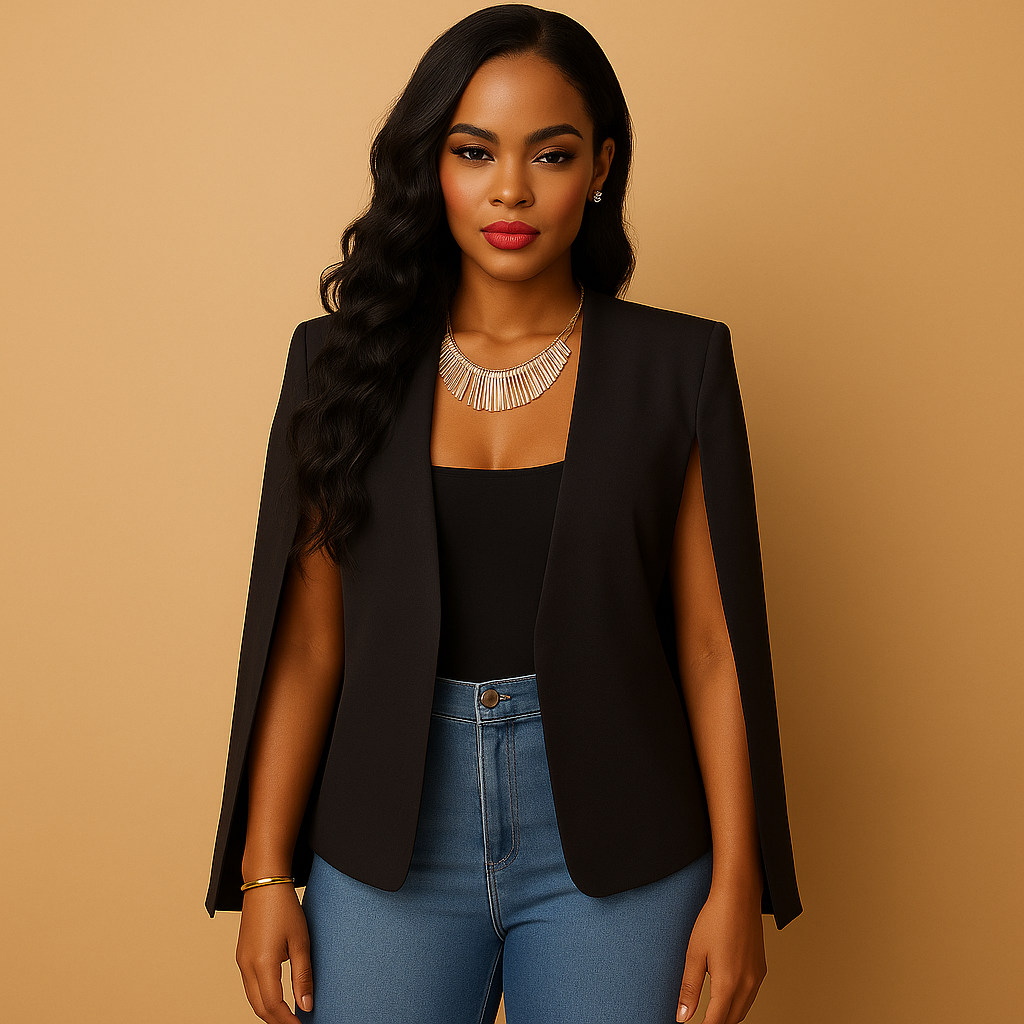 Tailored women’s blazer with elegant shoulder accents and a classic cut, ideal for work, business occasions, or evening outfits.