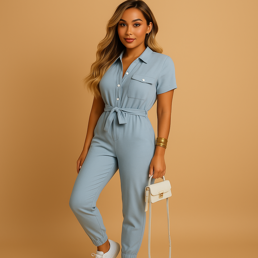 Women’s tailored button-front jumpsuit with flattering fit and refined details, ideal for workdays, brunches, or evenings out.