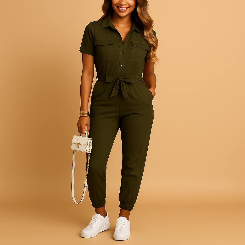 Women’s tailored button-front jumpsuit with flattering fit and refined details, ideal for workdays, brunches, or evenings out.