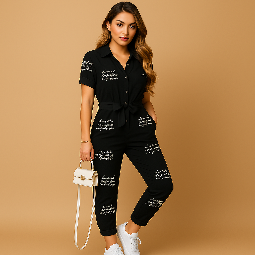 Women’s tailored button-front jumpsuit with flattering fit and refined details, ideal for workdays, brunches, or evenings out.