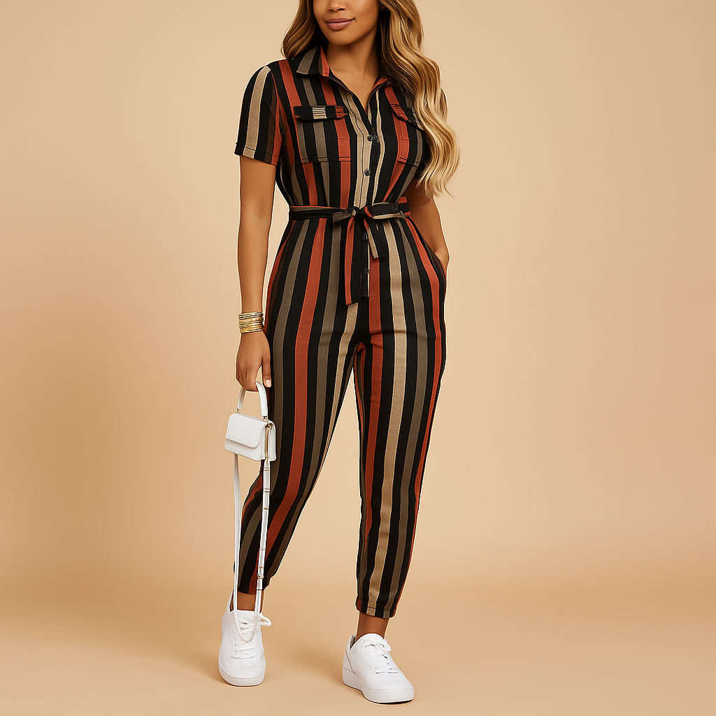 Women’s tailored button-front jumpsuit with flattering fit and refined details, ideal for workdays, brunches, or evenings out.