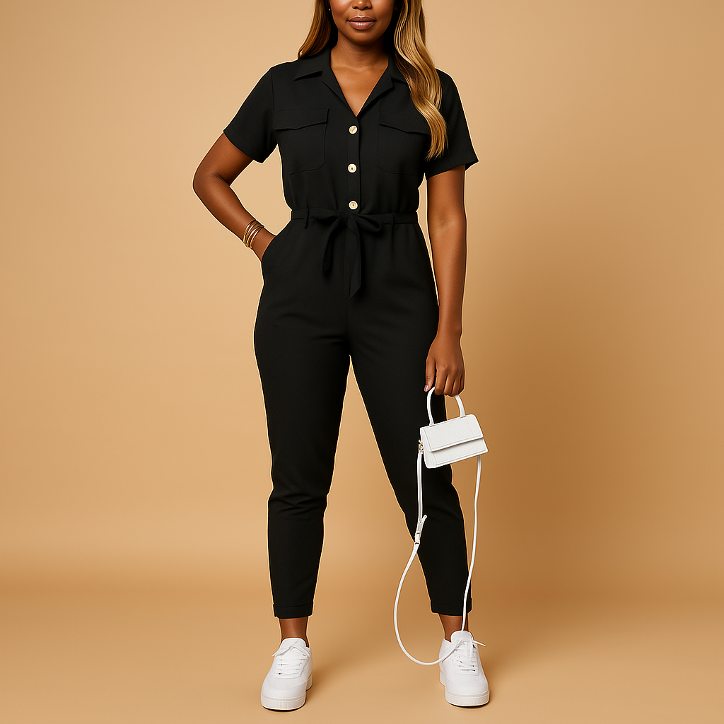Women’s tailored button-front jumpsuit with flattering fit and refined details, ideal for workdays, brunches, or evenings out.