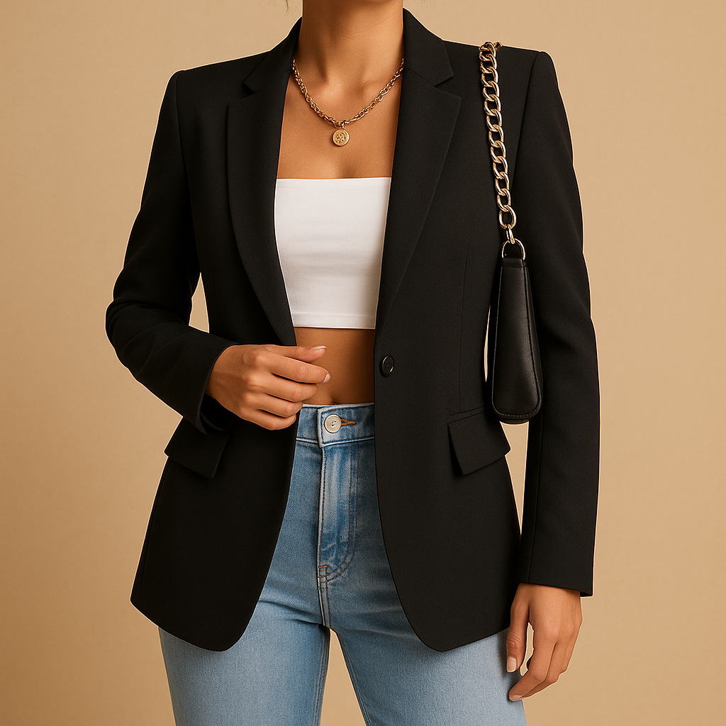 Tailored elegant blazer for women with a flattering silhouette and modern design, available in multiple timeless colors.