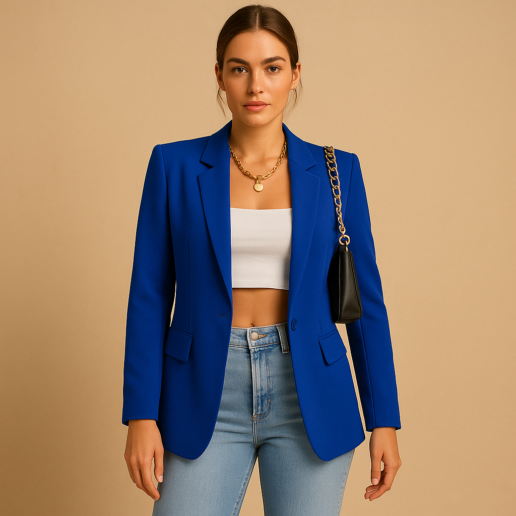 Tailored elegant blazer for women with a flattering silhouette and modern design, available in multiple timeless colors.