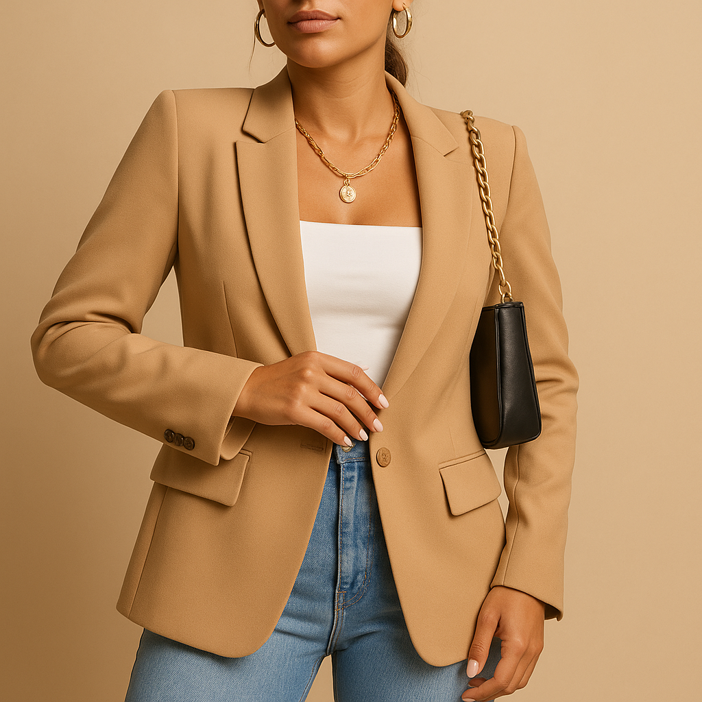 Tailored elegant blazer for women with a flattering silhouette and modern design, available in multiple timeless colors.