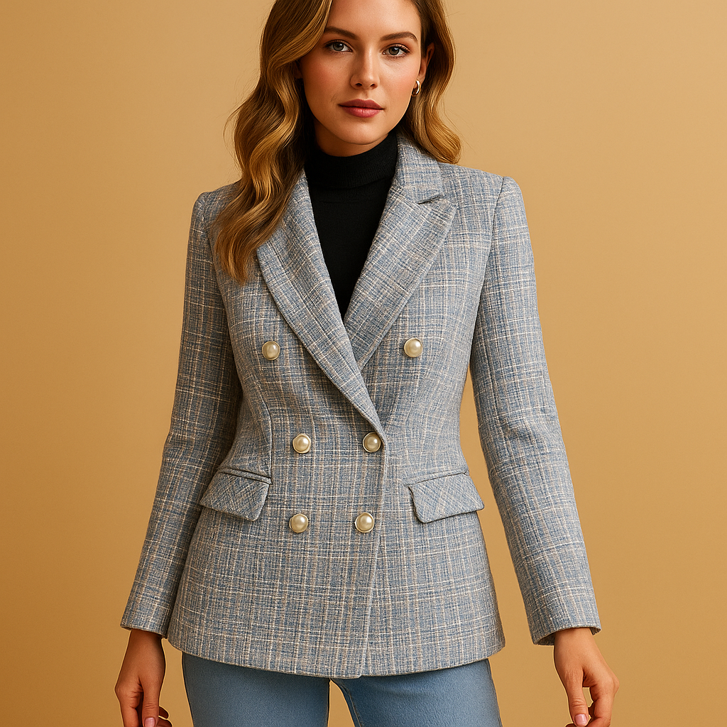 Tailored plaid blazer for women with a flattering fit and timeless pattern, suitable for work, formal looks, and chic everyday outfits.