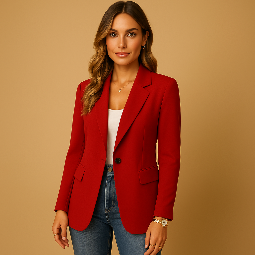 Tailored stretch blazer for women with a classic feminine silhouette available in multiple neutral colors.