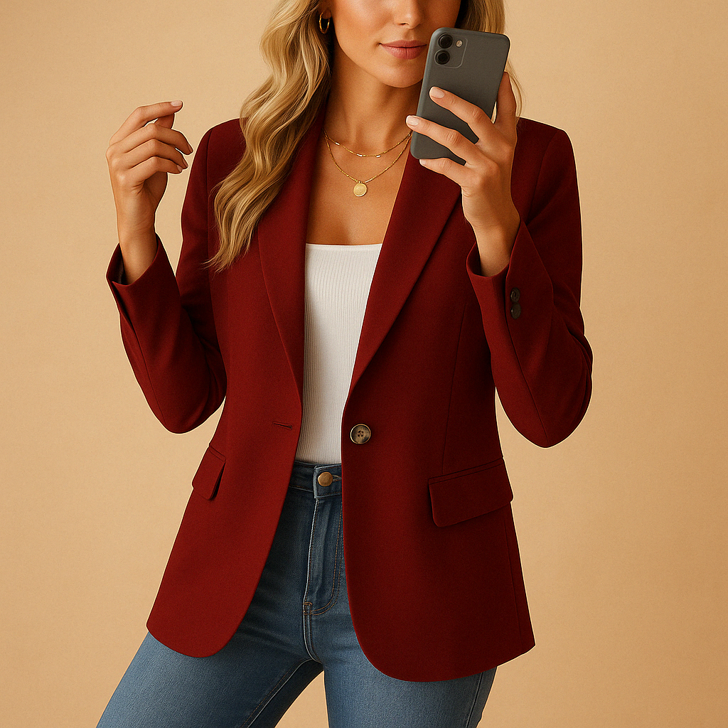 Tailored stretch blazer for women with a classic feminine silhouette available in multiple neutral colors.