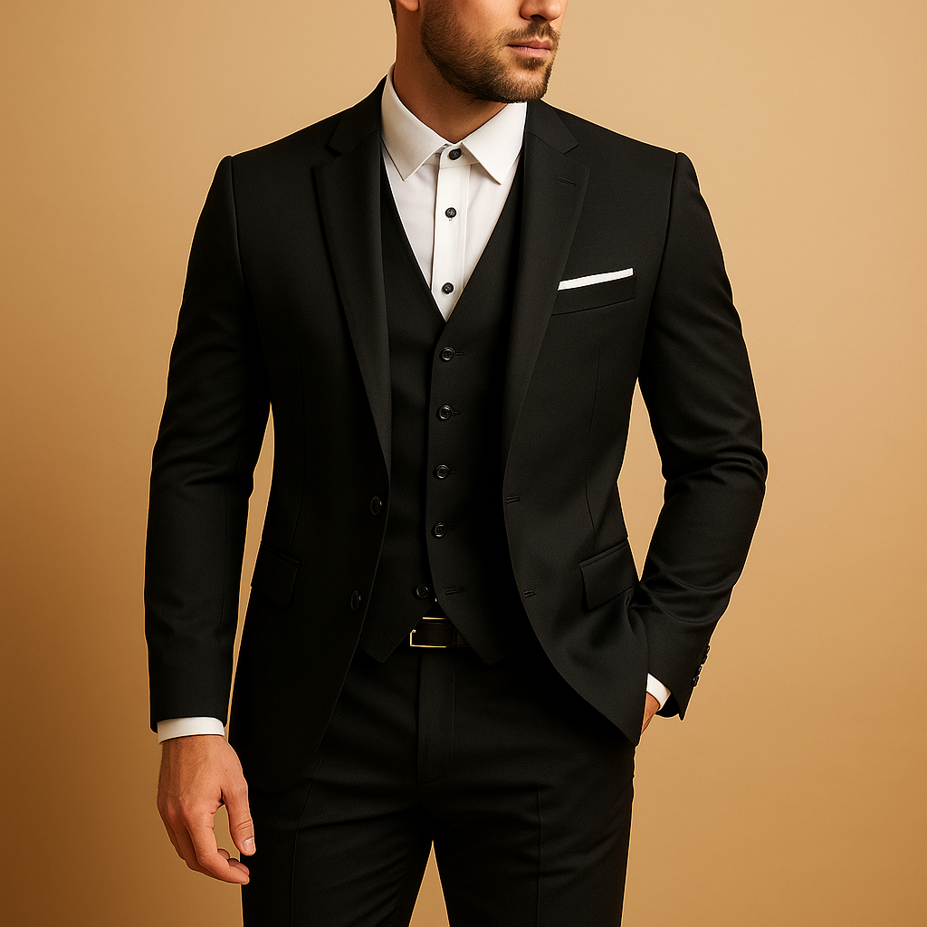 Men’s three-piece slim fit suit with blazer, vest, and trousers, perfect for weddings, business, and formal occasions.