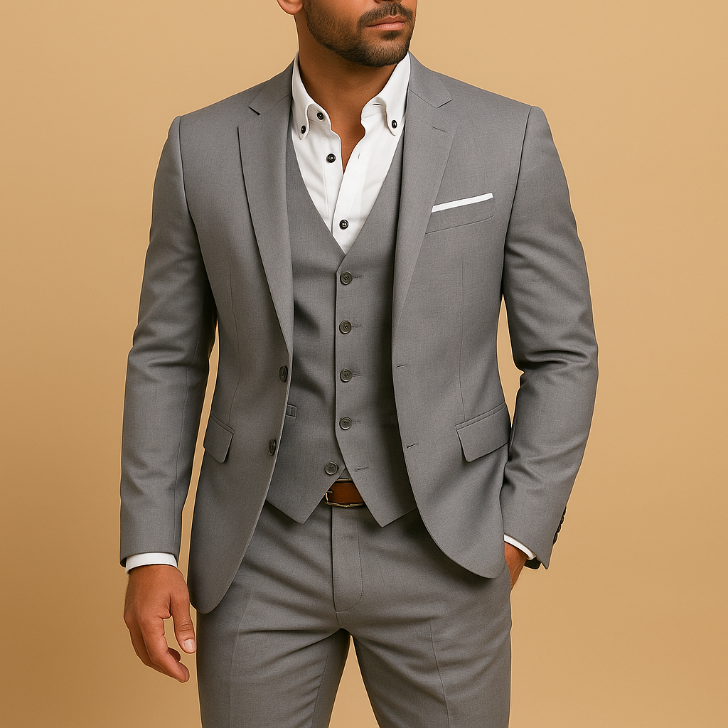 Men’s three-piece slim fit suit with blazer, vest, and trousers, perfect for weddings, business, and formal occasions.