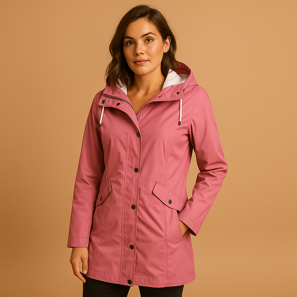 Transparent rain jacket for women with breathable fabric, relaxed fit and adjustable hood for stylish weather protection.
