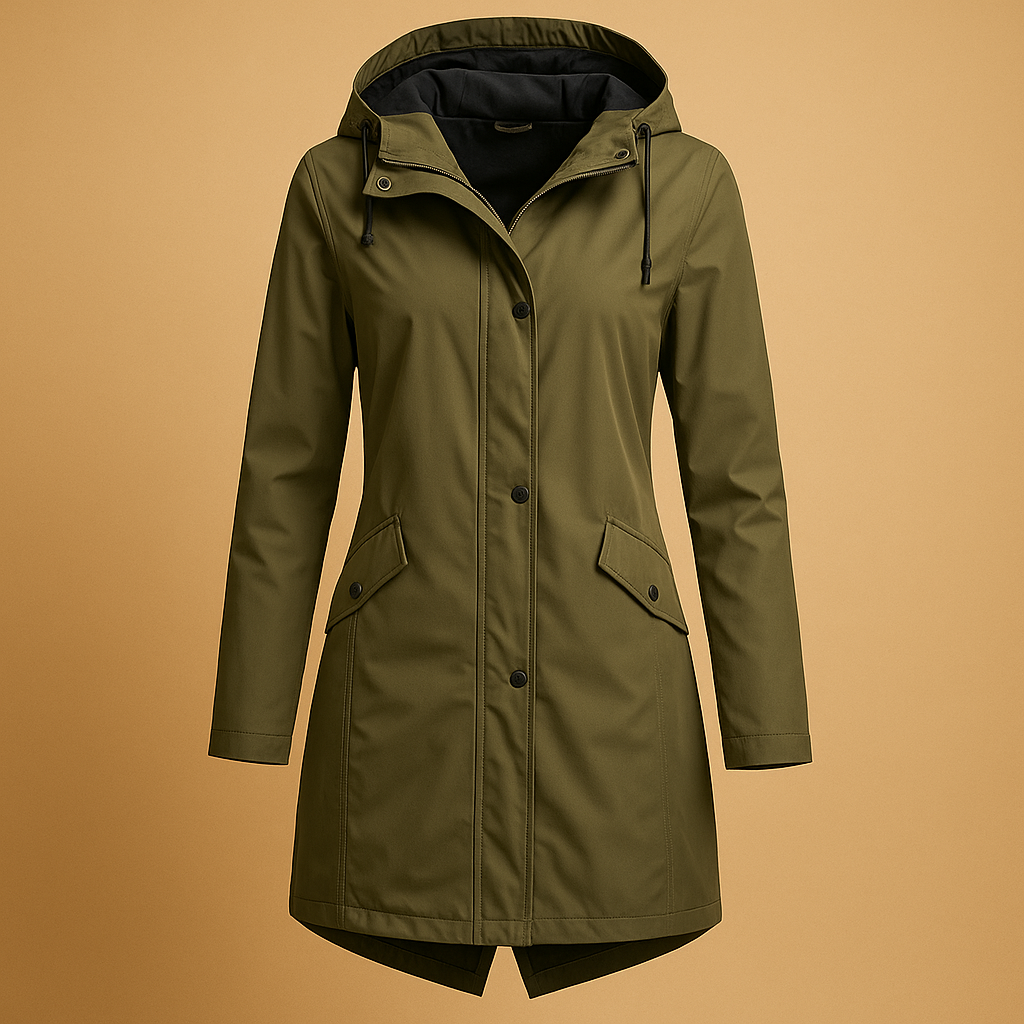 Transparent rain jacket for women with breathable fabric, relaxed fit and adjustable hood for stylish weather protection.