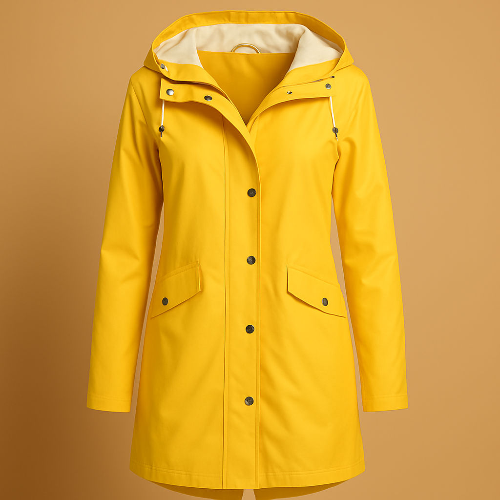 Transparent rain jacket for women with breathable fabric, relaxed fit and adjustable hood for stylish weather protection.