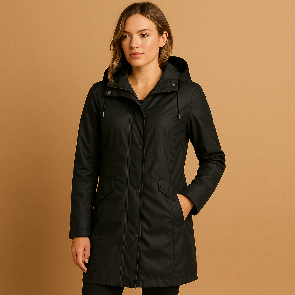 Transparent rain jacket for women with breathable fabric, relaxed fit and adjustable hood for stylish weather protection.