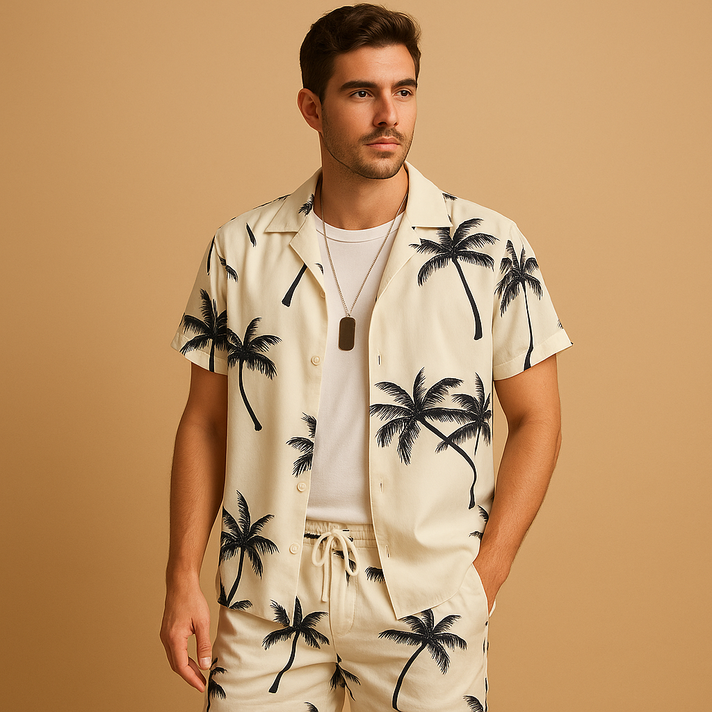 Men’s tropical print summer set with palm and feather design, perfect for beach days, vacations, and relaxed summer outings.