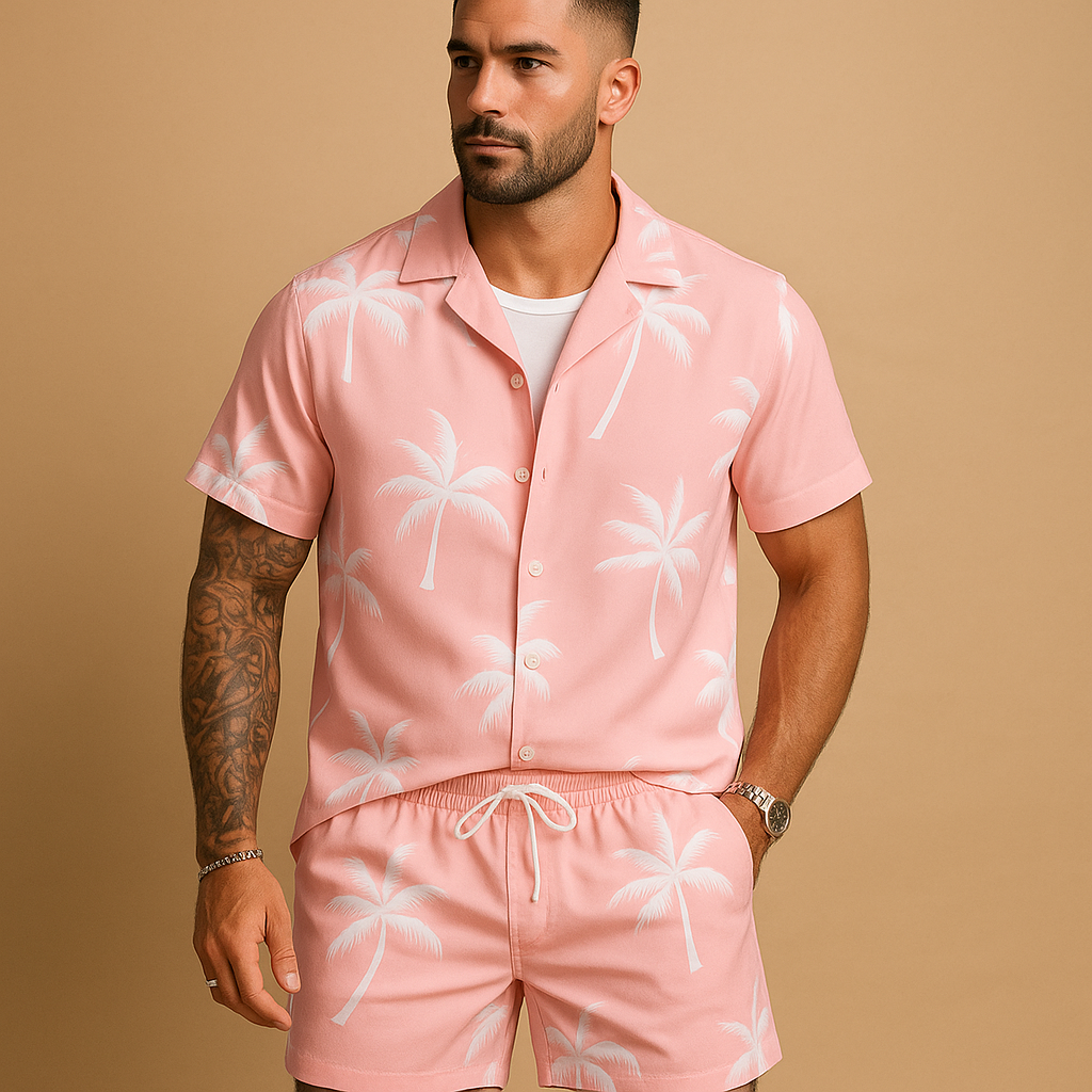 Men’s tropical print summer set with palm and feather design, perfect for beach days, vacations, and relaxed summer outings.